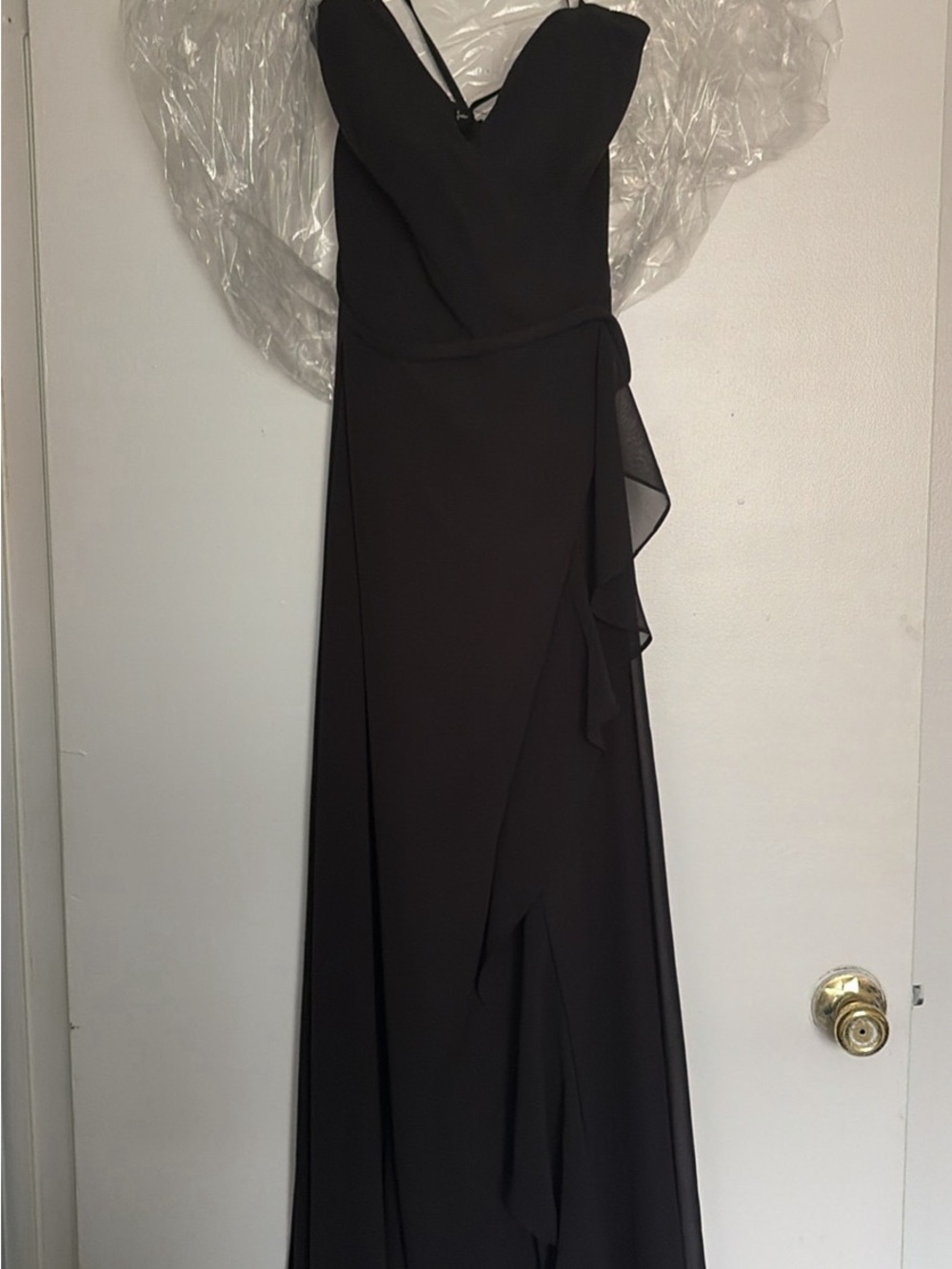 Azazie Black Strapless Maxi Dress with Side Ruffle